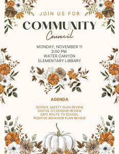 Community Council Meeting Monday, November 11 at 3:00 in the WCES Library