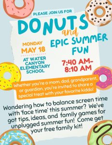 Parent Activity Donuts and Epic Summer Fun Monday May 18 at 7:40 AM Come have a donut with your kids and get tips and a free family kit for an unplugged summer