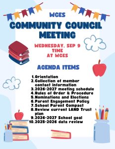 Community Council Meeting September 9, 2027 at Water Canyon Elementary School